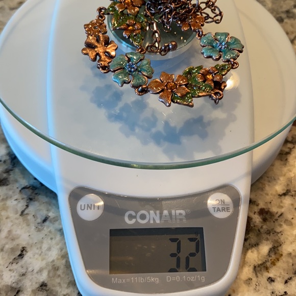 Vintage Enamel Flower Statement Necklace w Sparkly Crystals & Dangles - Picture 10 of 10